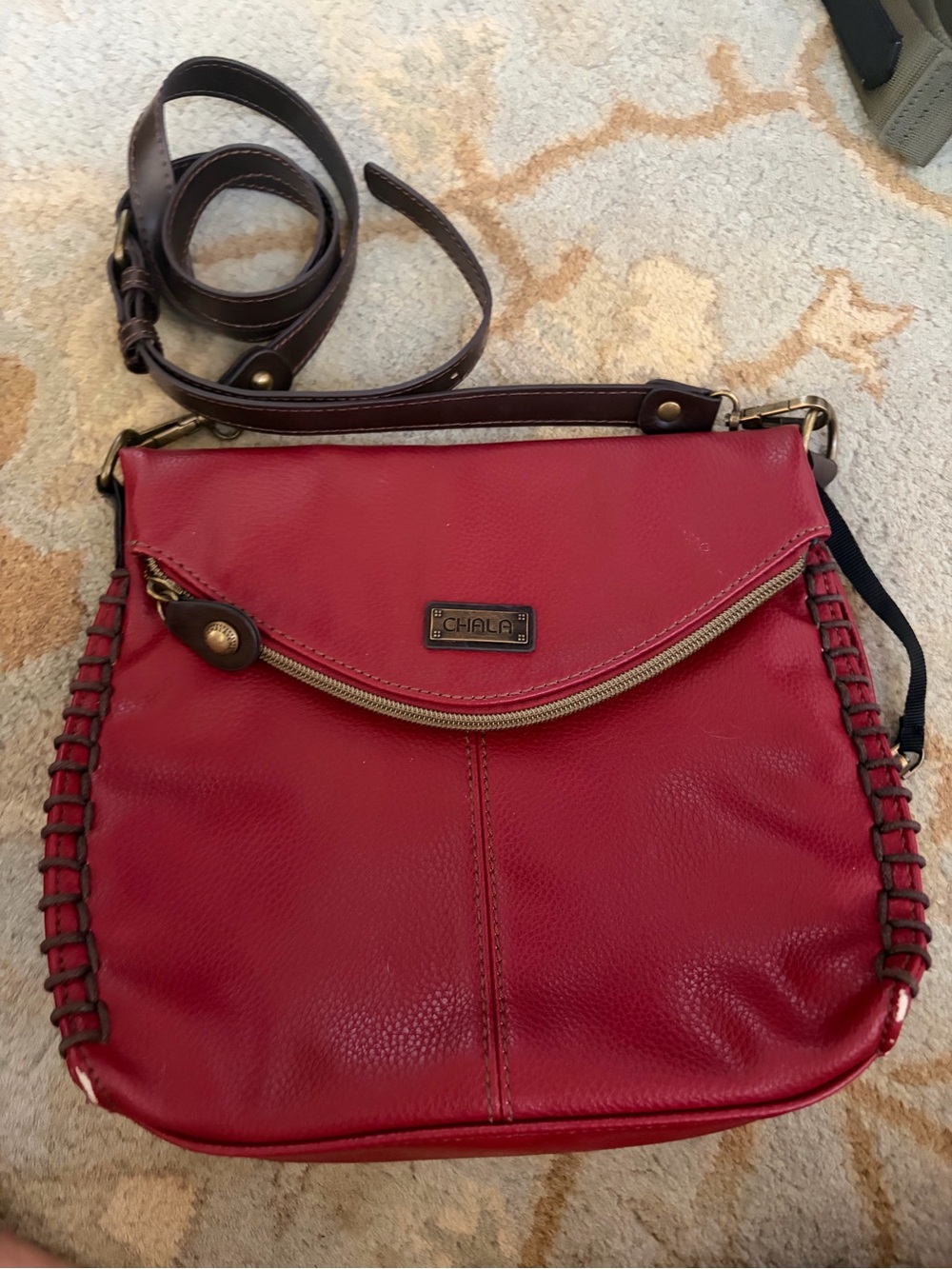 Chala Red Crossbody Bag with Brown Strap and Woven Side Detail